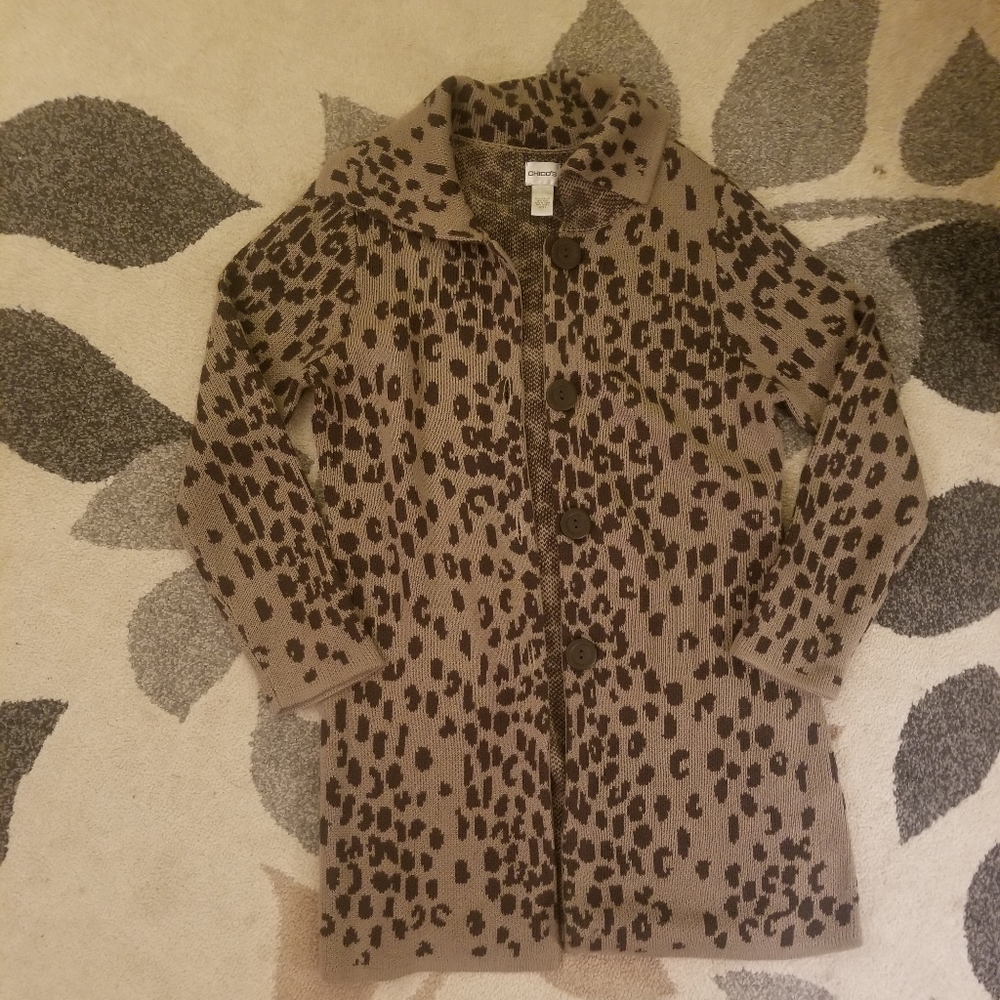 Chico's Leopard Print Long Cardigan, Size 1/Med